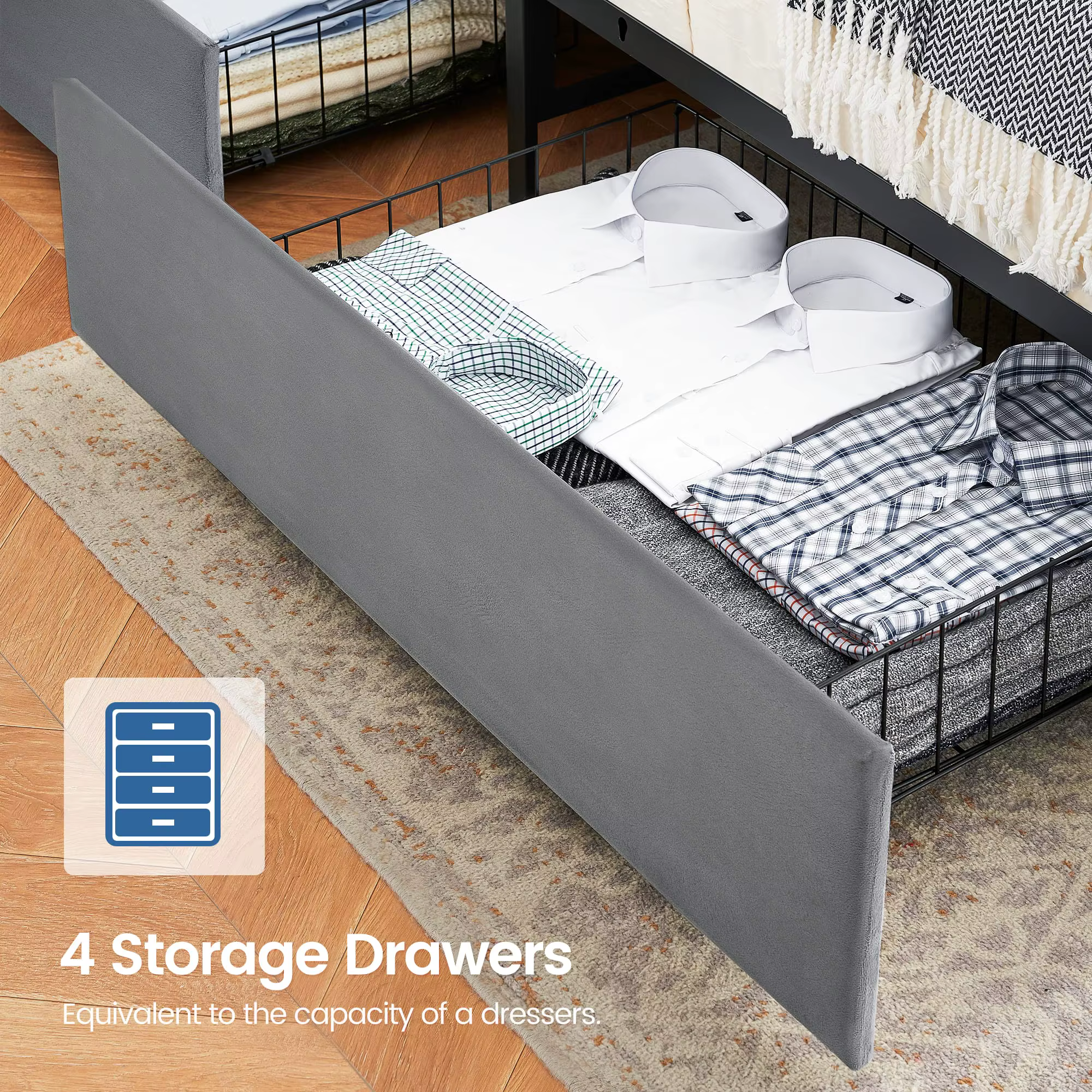 Cadre de lit avec 4 wers de proximité de stockage et station de recharge, avec planche de sauna de s
