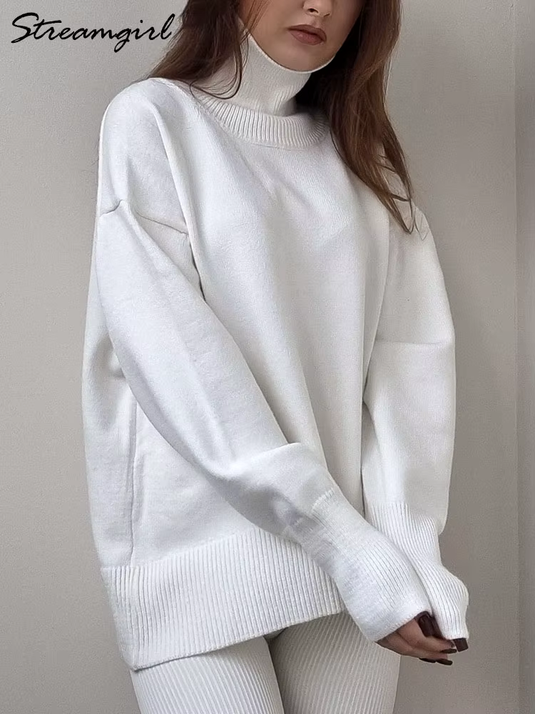 Pull à col roulé en tricot pour femme, haut chaud pour femme, pulls blancs, décontracté, automne, hi