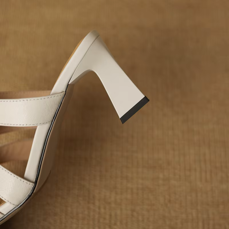 Sandales d'été en cuir véritable pour femmes, tête carrée, peau de mouton, talons hauts, surdimensio