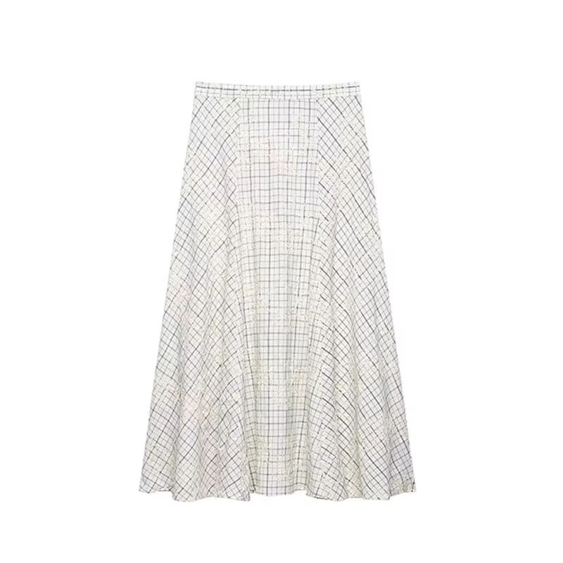 TFAFXY 2026 Ensemble d'été pour femme : Blouse brodée à carreaux avec nœud et jupe longue midi coupe