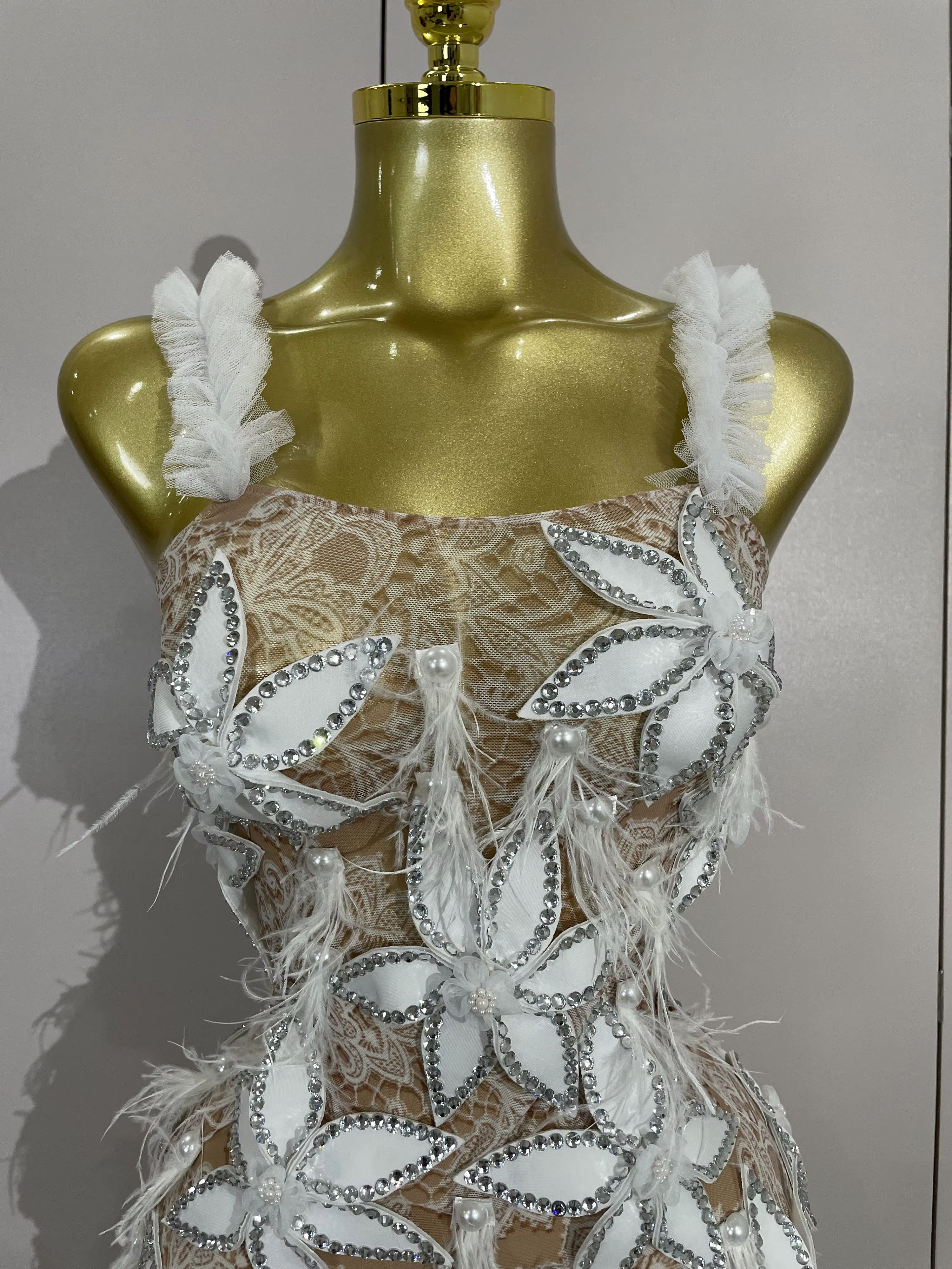Sexy brillant diamant fleurs plumes blanc Transparent Slip robe courte soirée bal célébrer anniversa