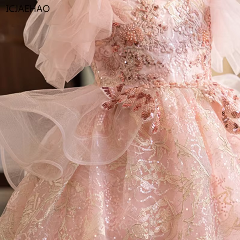 Robe de Fille ICJAEHAO 2026, Style Tutu Rose, pour Spectacle de Piano, Fête, Vêtements Élégants, Cos