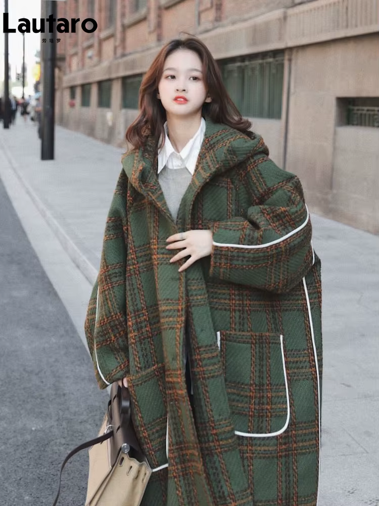 Lautaro-Combinaison Femme avec Capuche, Patchwork Blanc Chaud, Plaid Laine Mélanges, Mode Coréenne,