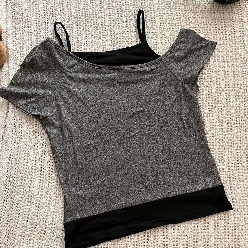 Y2k Slim Fit imprimé hauts femmes épaules dénudées à manches courtes t-shirt Neploe américain Vintag