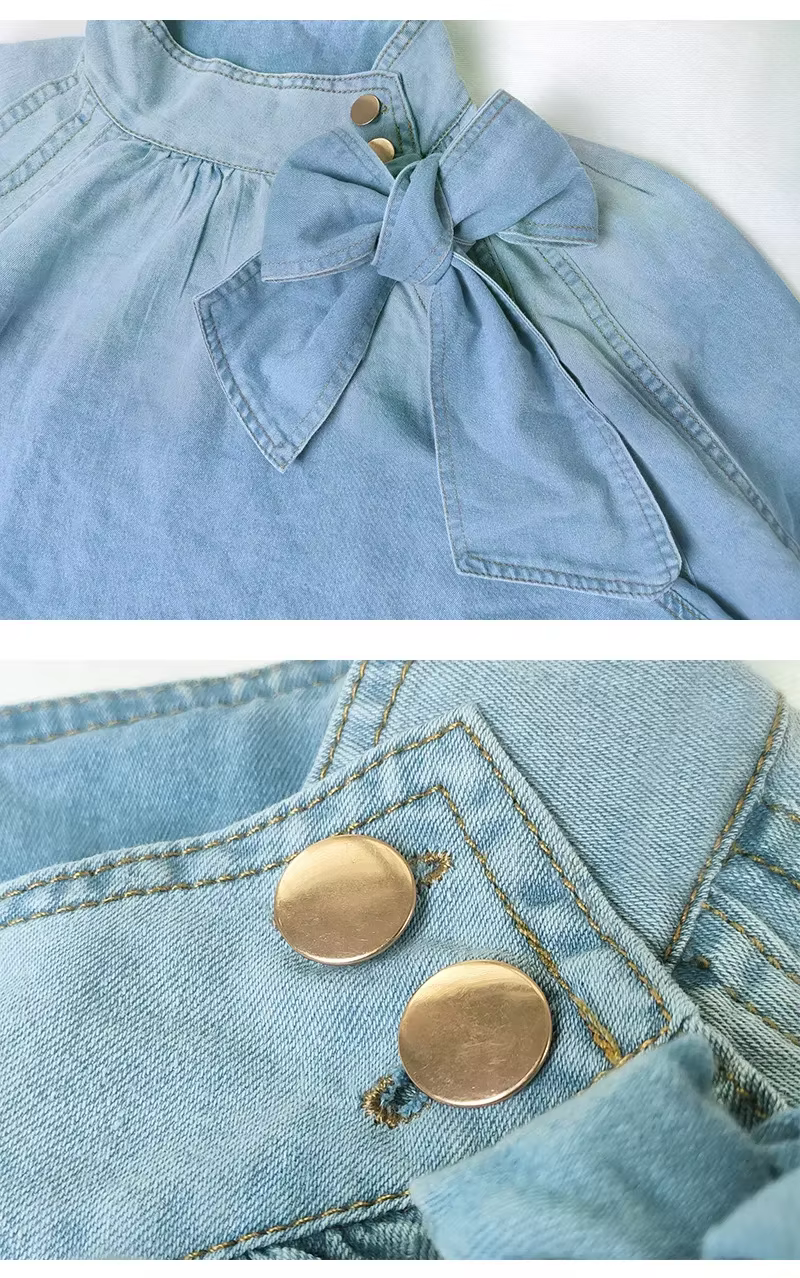 Économie à col roulé à lacets pour femmes, demi-manches bouffantes, t-shirts en denim décontractés, 