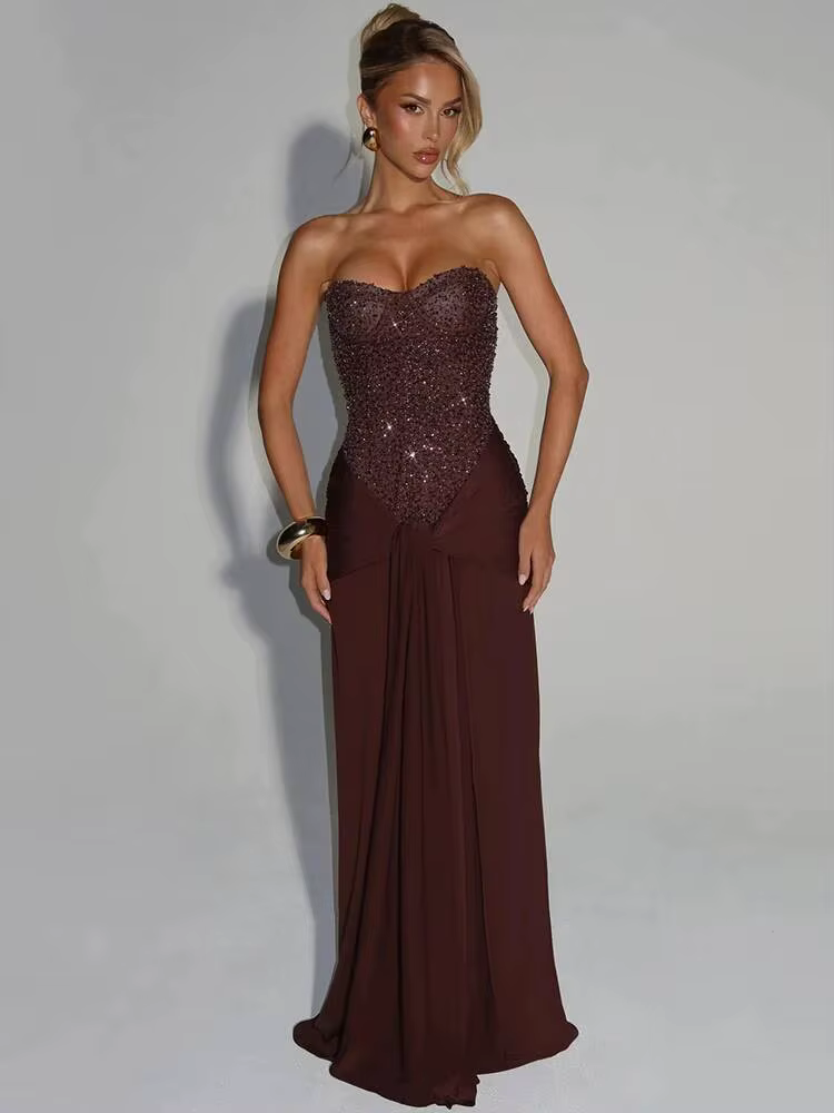 Mozision Sparkle épaules dénudées Sexy robe Maxi femmes élégant paillettes sans bretelles dos nu san