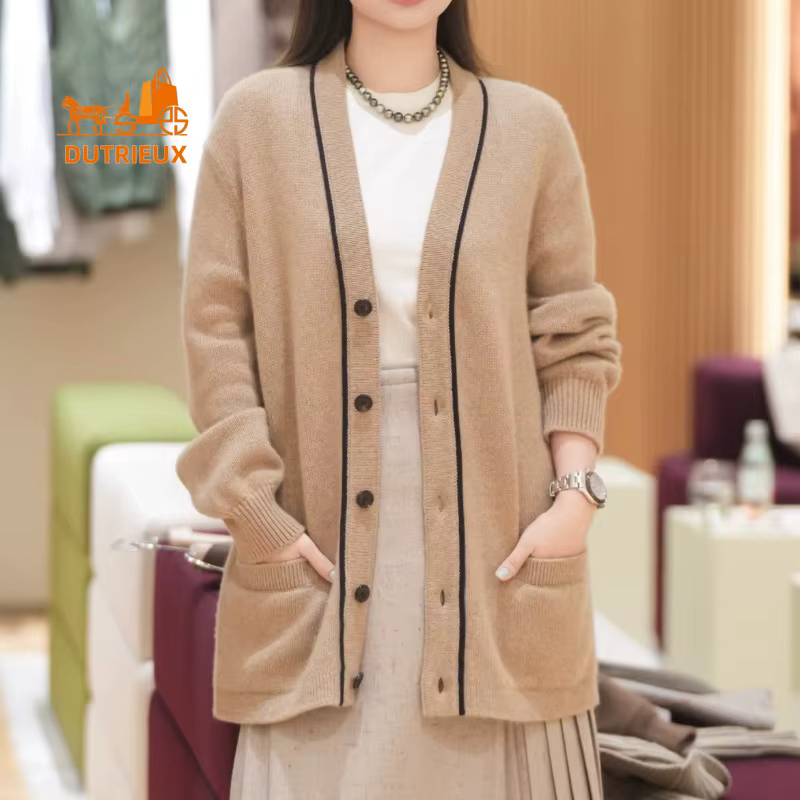 Cardigan en cachemire à col en v pour femme, manteau élégant et décontracté, Style minimaliste, 100%