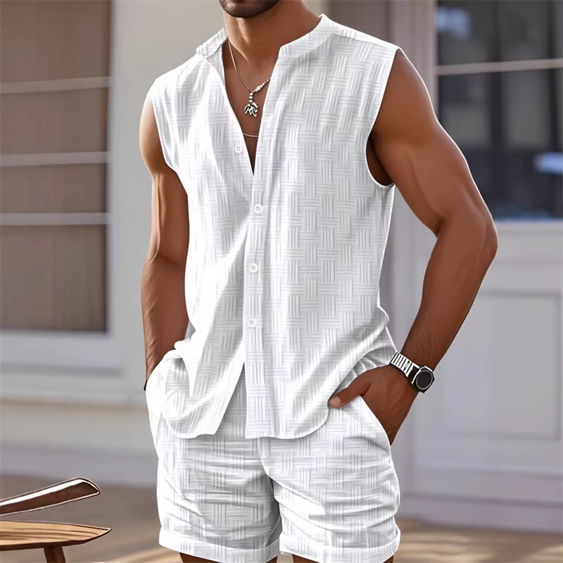 Ensemble deux pièces à carreaux pour hommes, chemise gilet, haut sans manches et short, short sans m