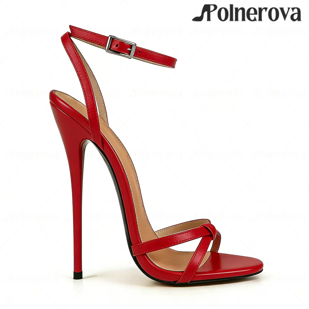Sandales à talon laqué de 16 cm, style concis, bout rond ouvert, talons hauts, bride de cheville, bo