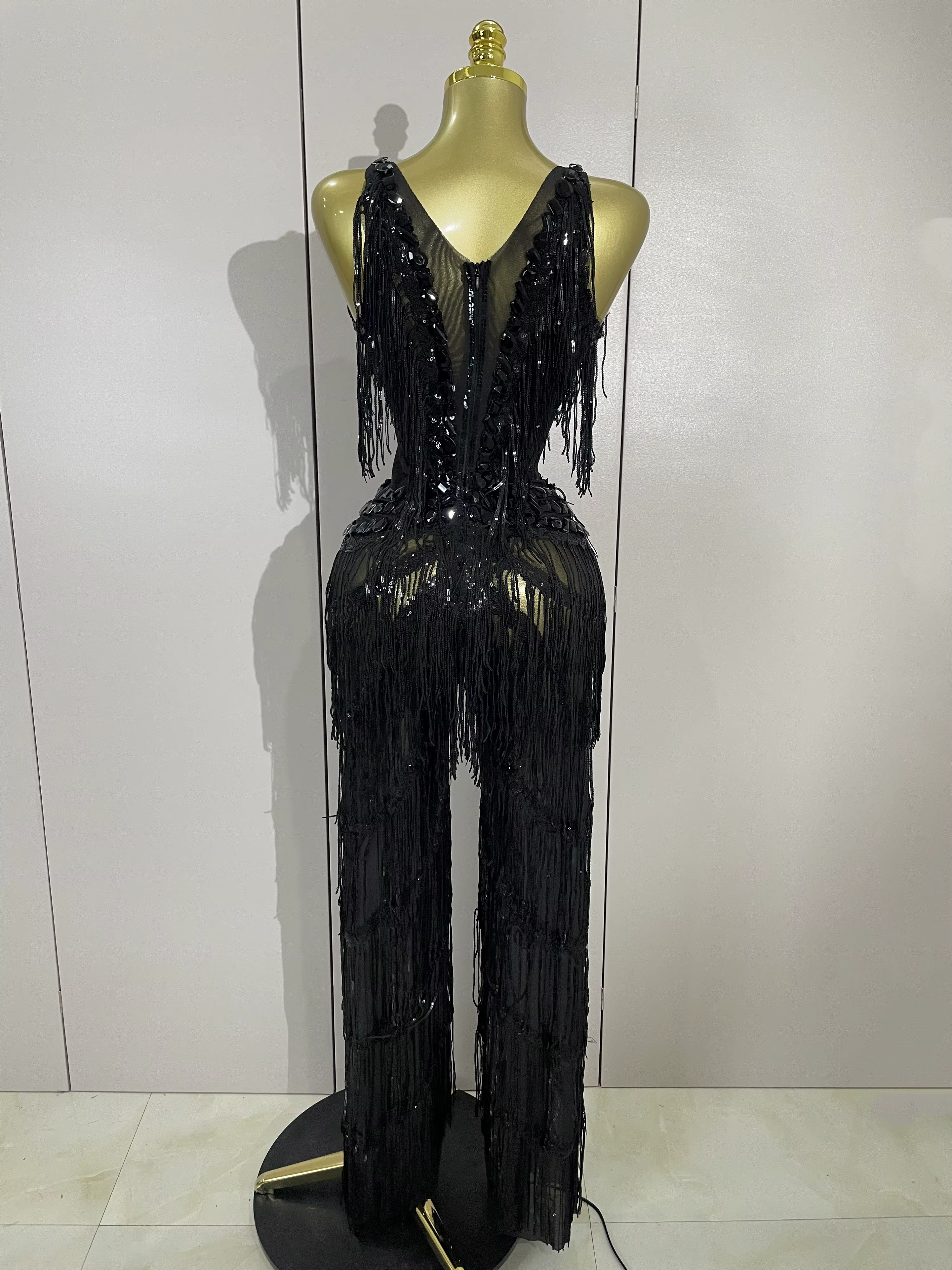 Combinaison à franges et paillettes pour femmes, strass noirs scintillants, tenue Sexy pour boîte de