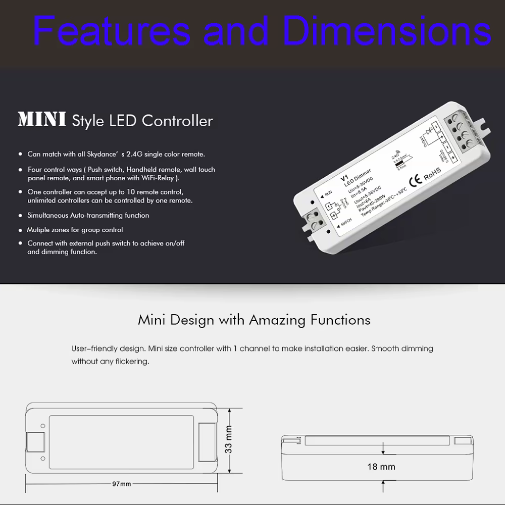 KIT de variateur LED de Style Mini RF, éclairage intérieur 12V 24V 1CH, contrôleur de gradation LED 