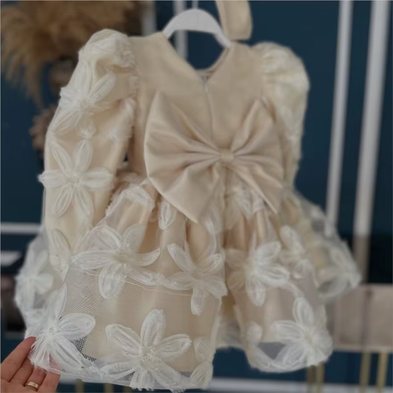Robe Tutu florale de princesse pour bébé fille, manches longues, style vintage, avec nœud, pour mari