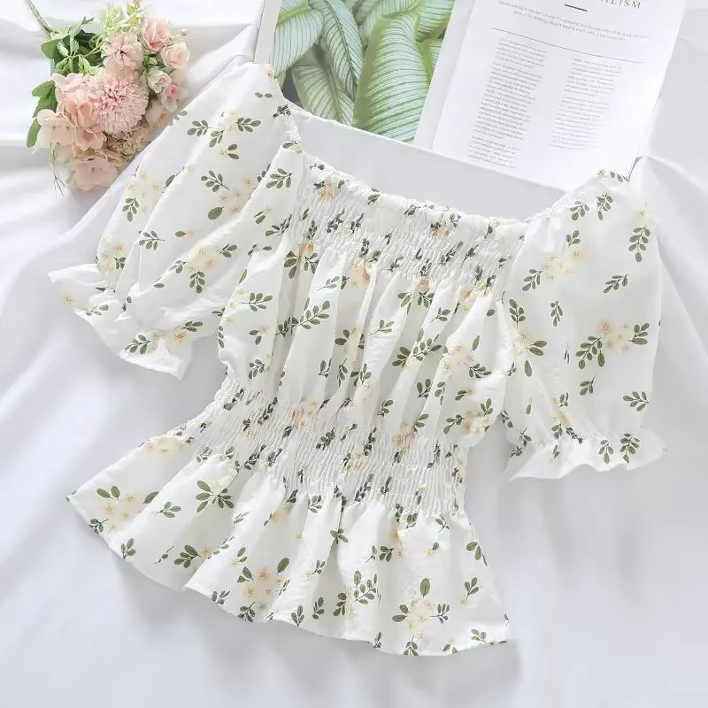 Chemisier court en mousseline de soie pour femme, haut court, design plissé à bord agarique, taille