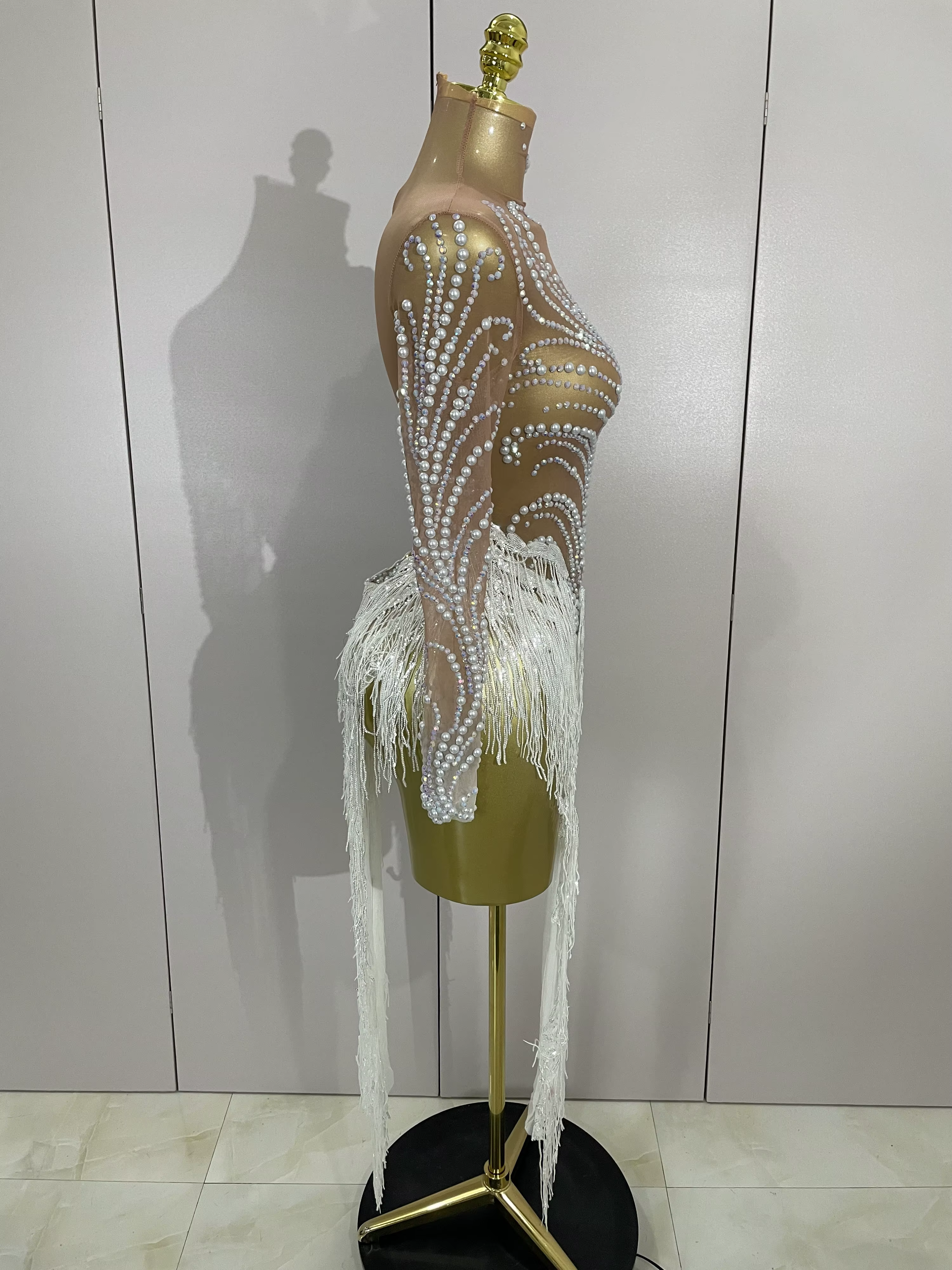 Femmes brillant strass perle paillettes gland Sexy robe transparente soirée fête d'anniversaire disc