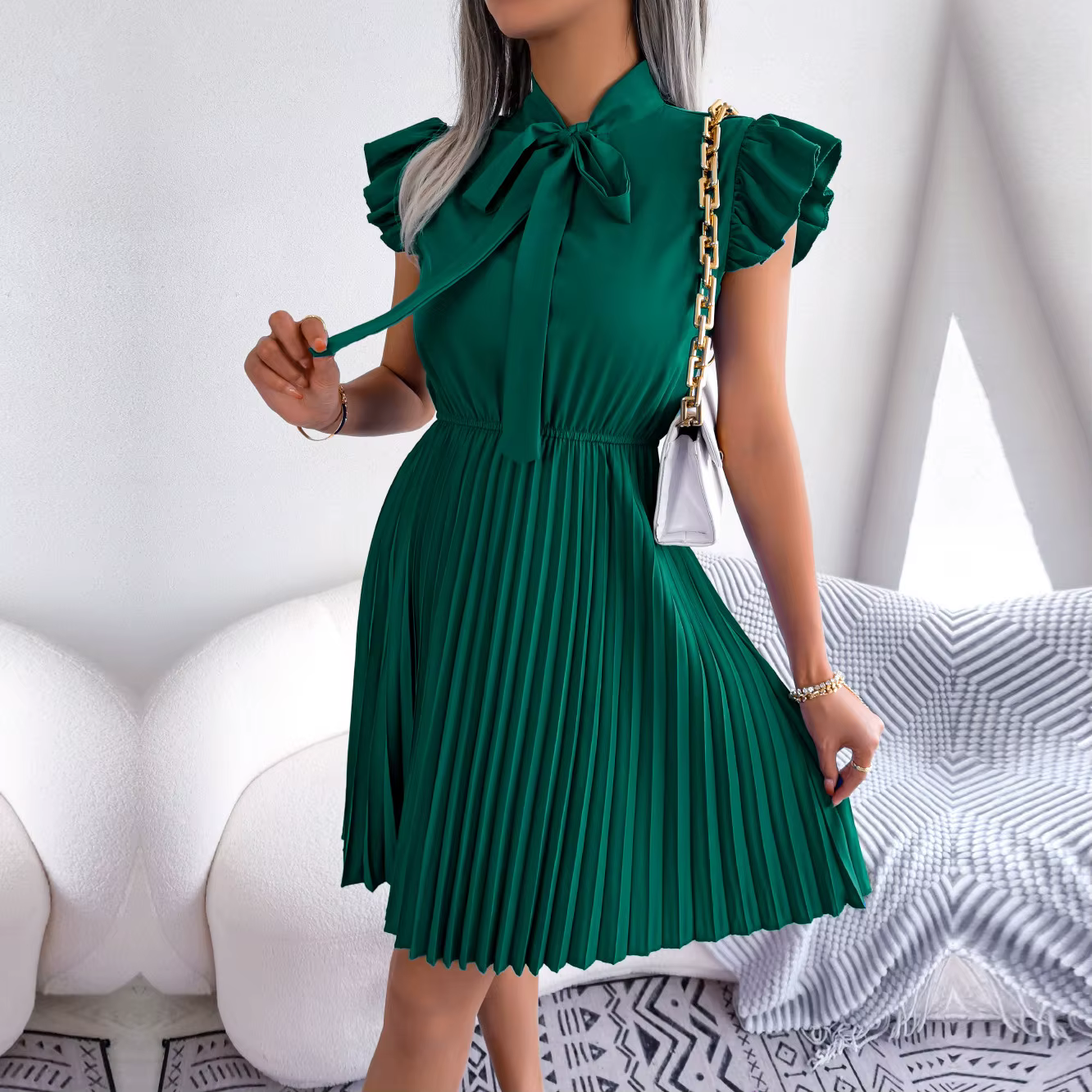 Ficusrong femmes printemps été élégant à lacets taille haute grande robe plissée pour dames col à nœ