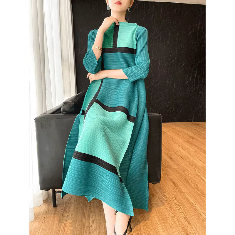 Ata Yake-Robe plissée à imprimé géométrique pour femme, créateur original, manches longues, grande t