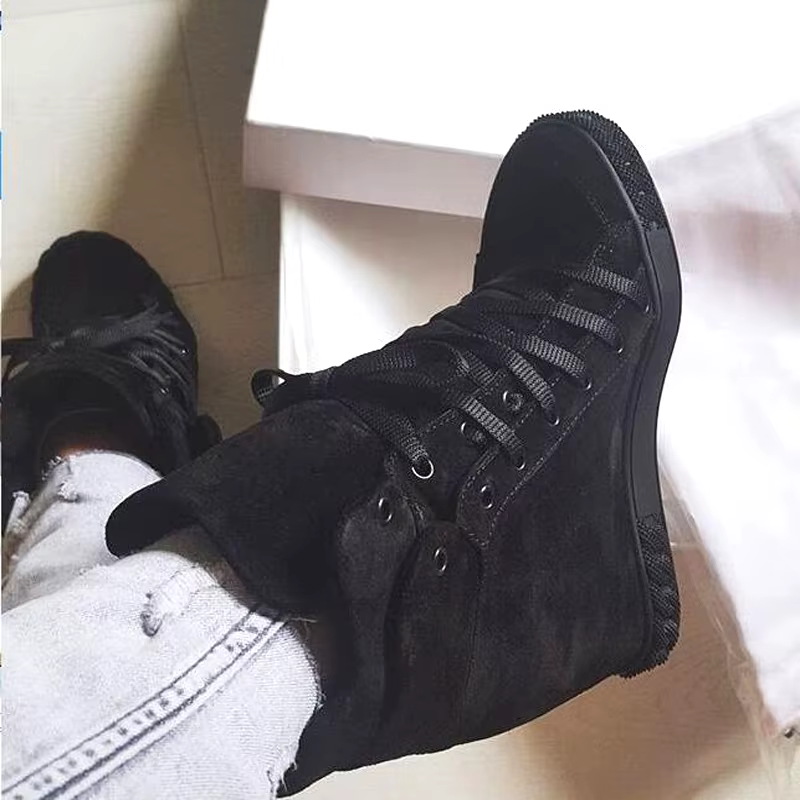 Chaussures décontractées en cuir suédé de vache noir argent femmes hauteur augmentant à lacets dames