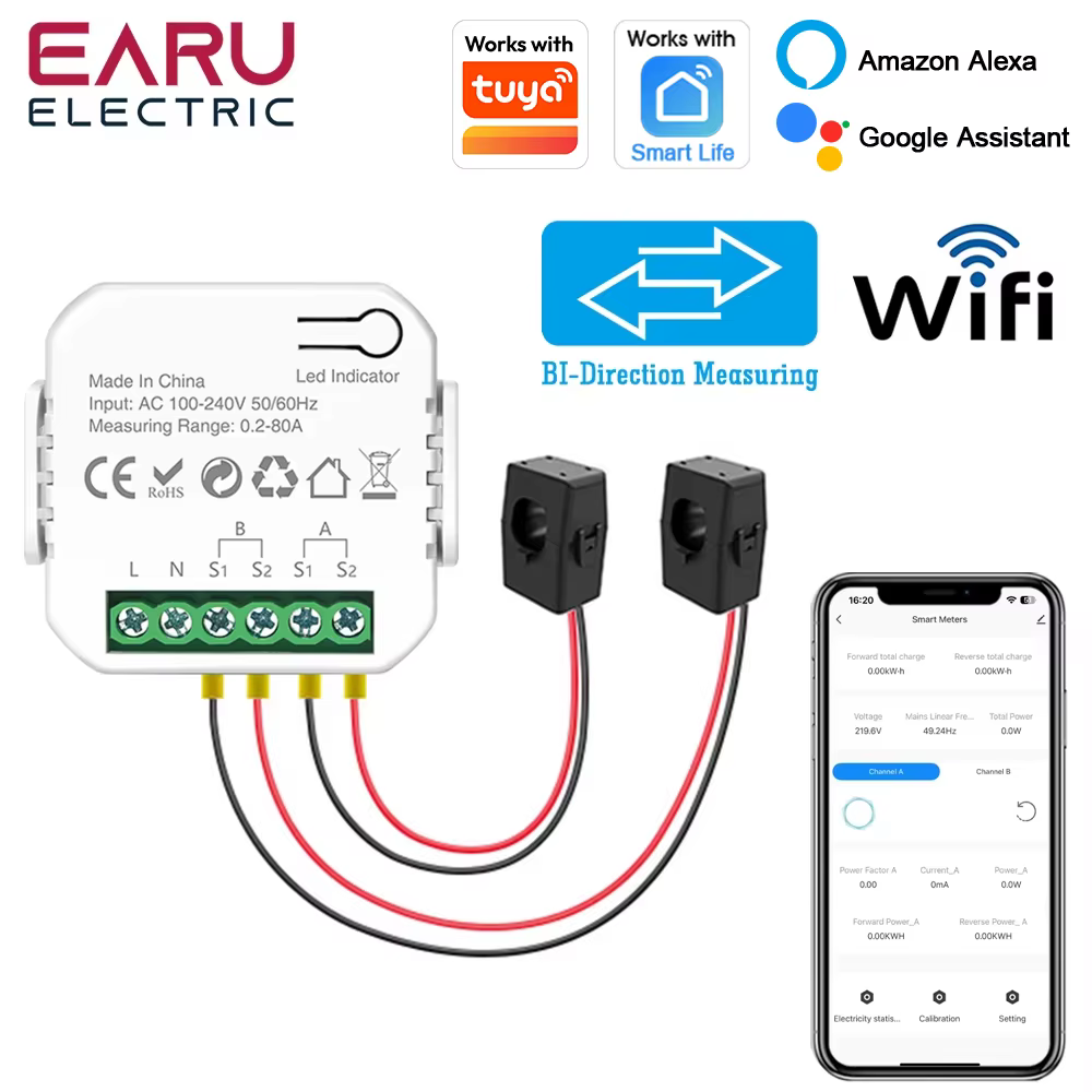 Compteur d'énergie intelligent WiFi Tuya avec pinces 1/2 CT pour système solaire photovoltaïque, sur