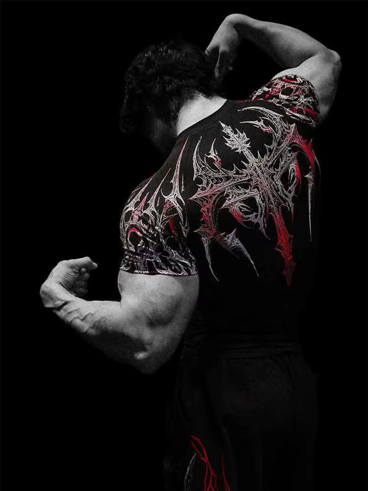 T-shirt de sport pour homme, imprimé gothique foncé, coupe musclée, haute élasticité et séchage rapi