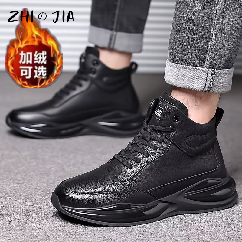Chaussures décontractées en cuir véritable pour hommes, chaussures à coussin d'air, chaussures noire