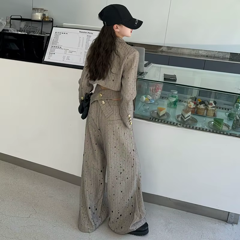 Ensemble de Vêtements Chics pour Adolescentes, Veste Courte Design + Pantalon Large Déchiré Personna