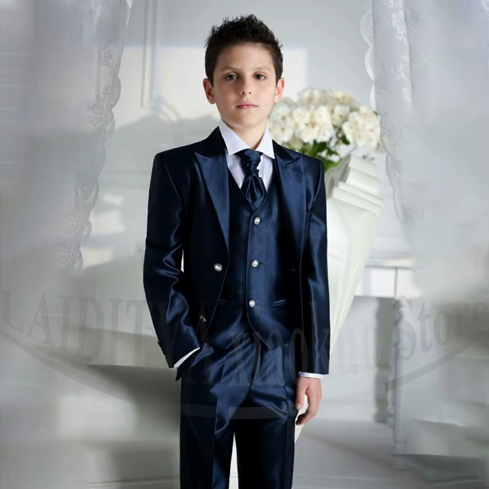 Costume 3 pièces en satin bleu marine pour garçons – Tenue de cérémonie, mariage, bal de promo, soir