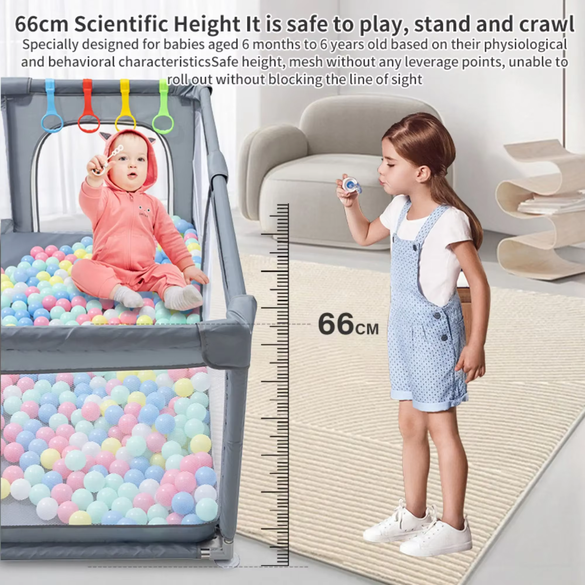 Parc de jeu pour bébé gris clair avec anneaux de traction, barrière de sécurité pour enfant, boîte à