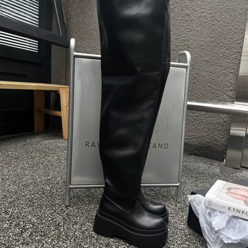 Bottes hautes au genou pour femmes, chaussons longs plissés à enfiler, talons carrés, chaussures pou