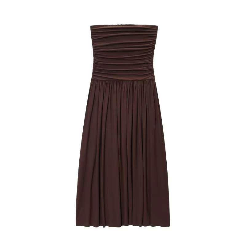 ETJ 2025 nouvelle robe femme élégante sexy épaules dénudées mode plis détails minceur robe sans bret