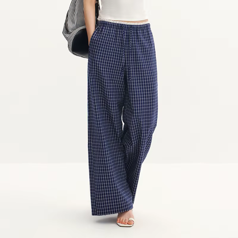 Pantalon Femme Semir à Carreaux 2026, Texturé, à Volants, Coupe Large, Style Urbain Décontracté, Dou