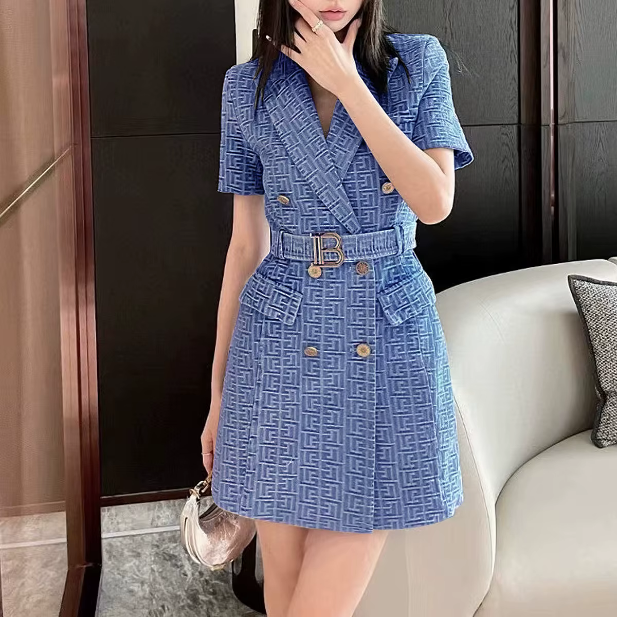 Robe en denim jacquard à manches courtes pour femme, jupe professionnelle simple, tempérament, été, 