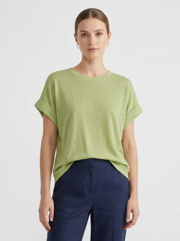 T-shirt femme à manches courtes en coton et lin, col rond, coupe oversize, style dolman, uni, printe