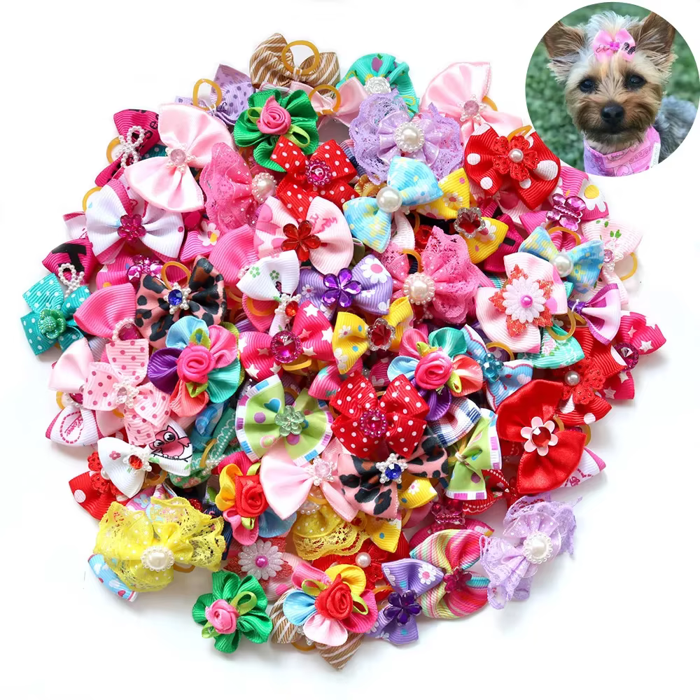 100X jolis nœuds de poils de chien faits à la main pour chiots petits chiens nœuds de toilettage acc