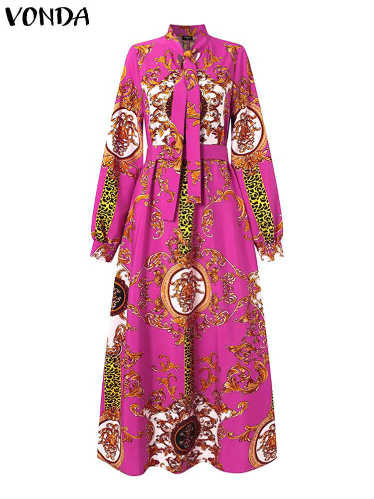 VONDA Robe Maxi 2024 été femmes bohème imprimé fête Robe d'été à manches longues col montant Robe dé