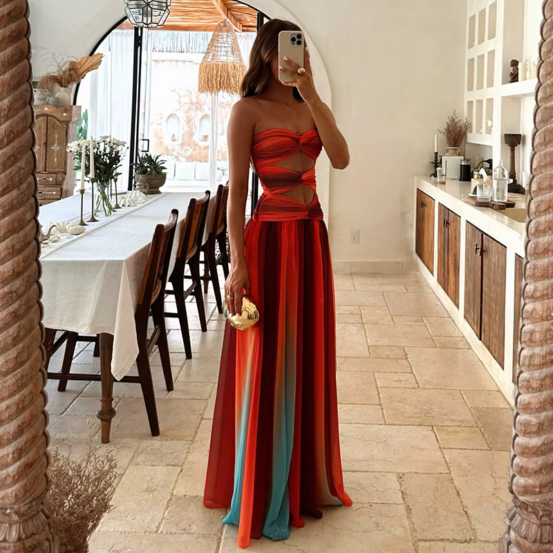 Robe longue ajourée pour femmes, dégradé de teinture par nouage, élégante, épaules dénudées, ourlet 