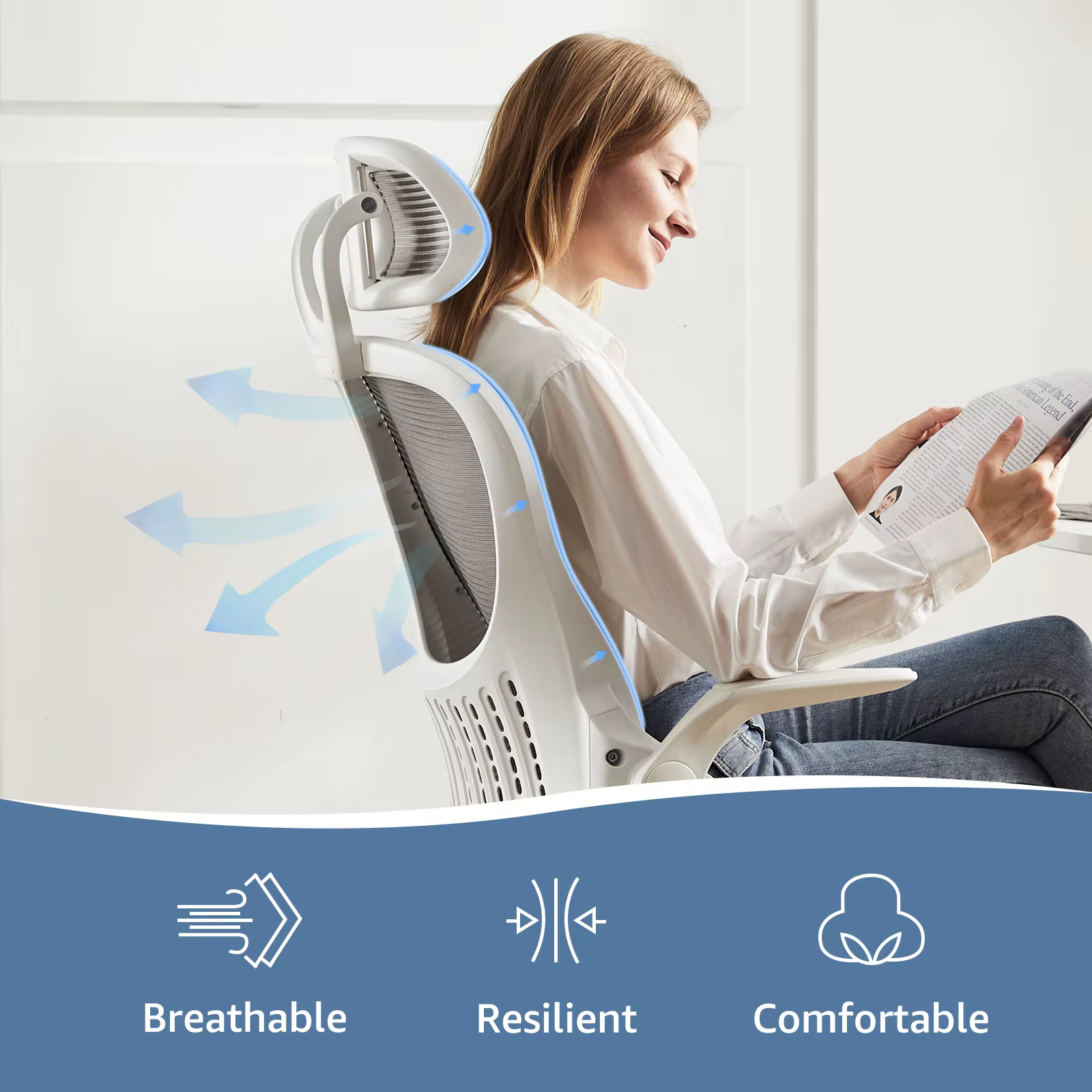 JHK – chaise de bureau ergonomique en maille, bras rabattables, appui-tête réglables, Support lombai