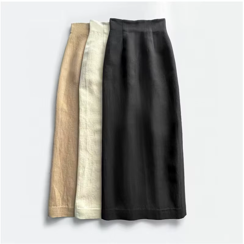 Jupe simple taille haute en lin et laine, atmosphère artistique espagnole, ourlet texturé, fente lat