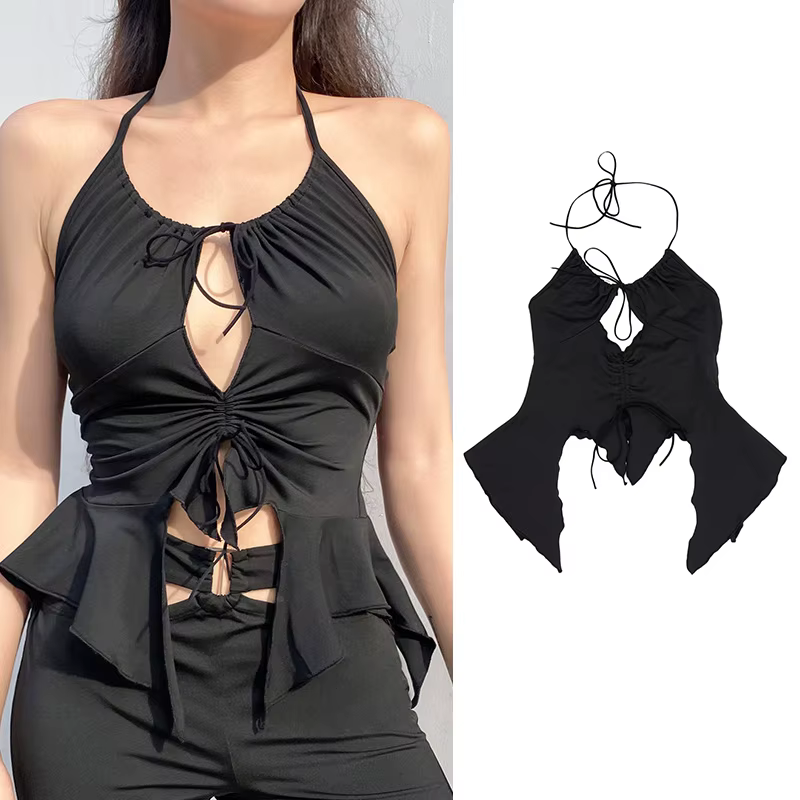Haut caraco gothique sexy pour femme, dos nu en fibre noire esthétique, GlaE-Girl Crop, Vintage, Pré