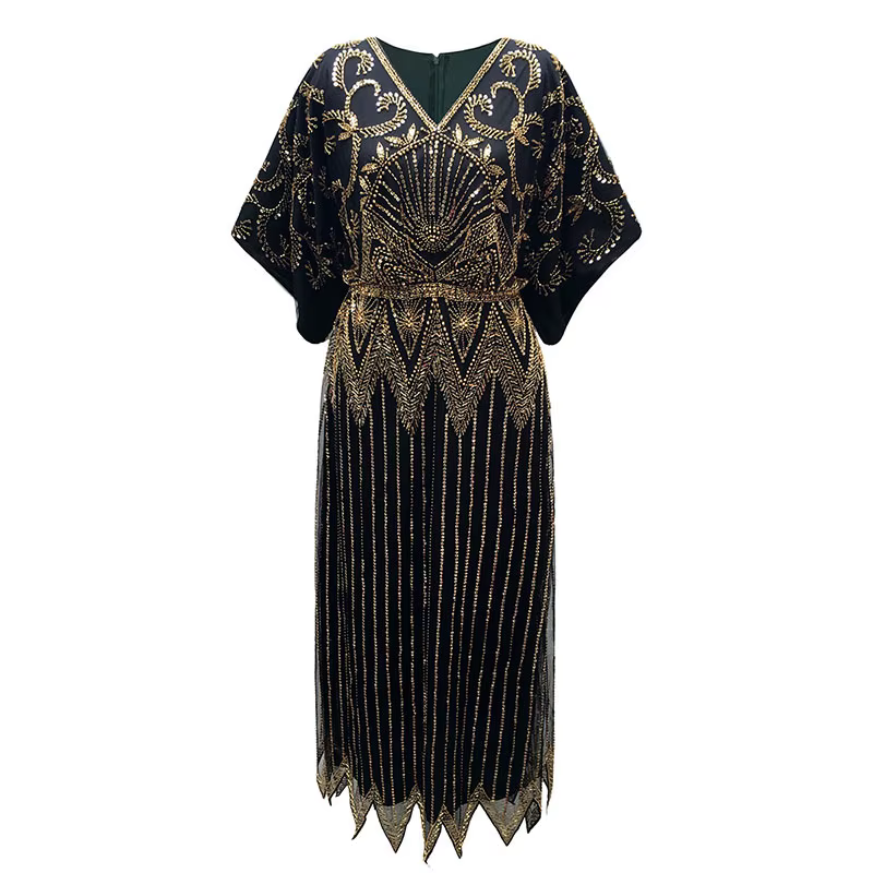 Robe de soirée longue à paillettes pour femmes, élégante, col en V, manches courtes, ligne A, taille