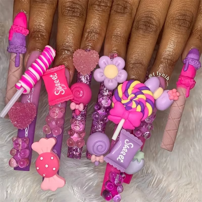 Breloques multi-formes Kawaii pour Nail Art, 20 pièces, bonbons sucrés, ours gommeux, sucette en rés