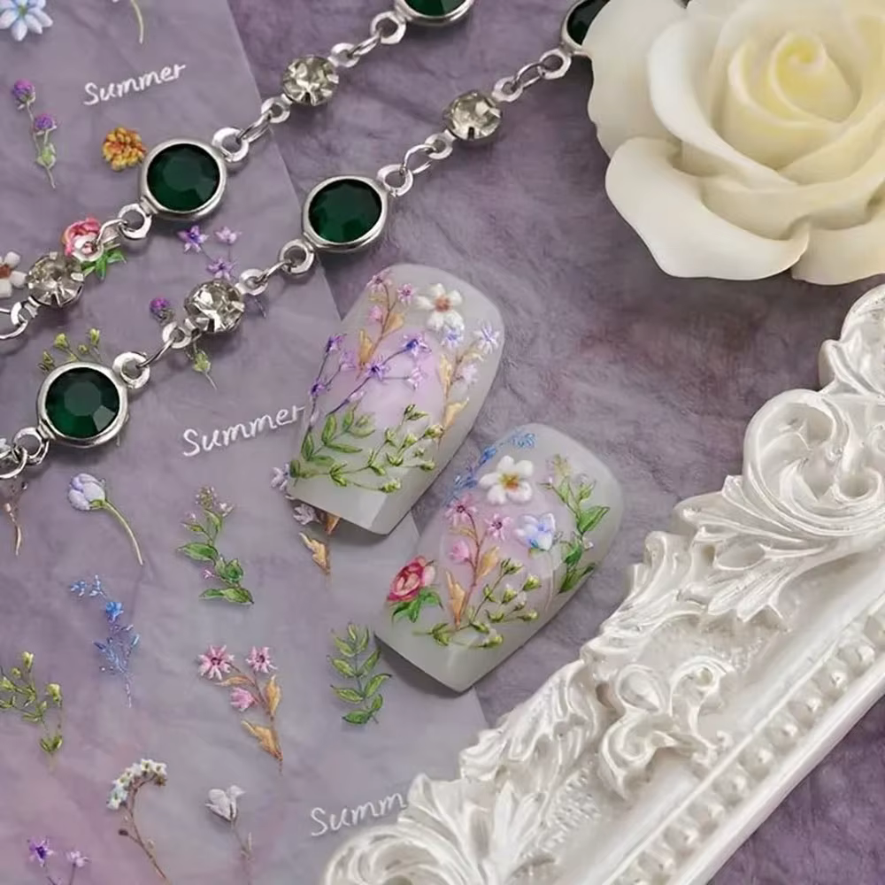 Autocollants pour ongles en forme de fleur, 1 pièce, feuille florale d'été, plante, décalcomanies co