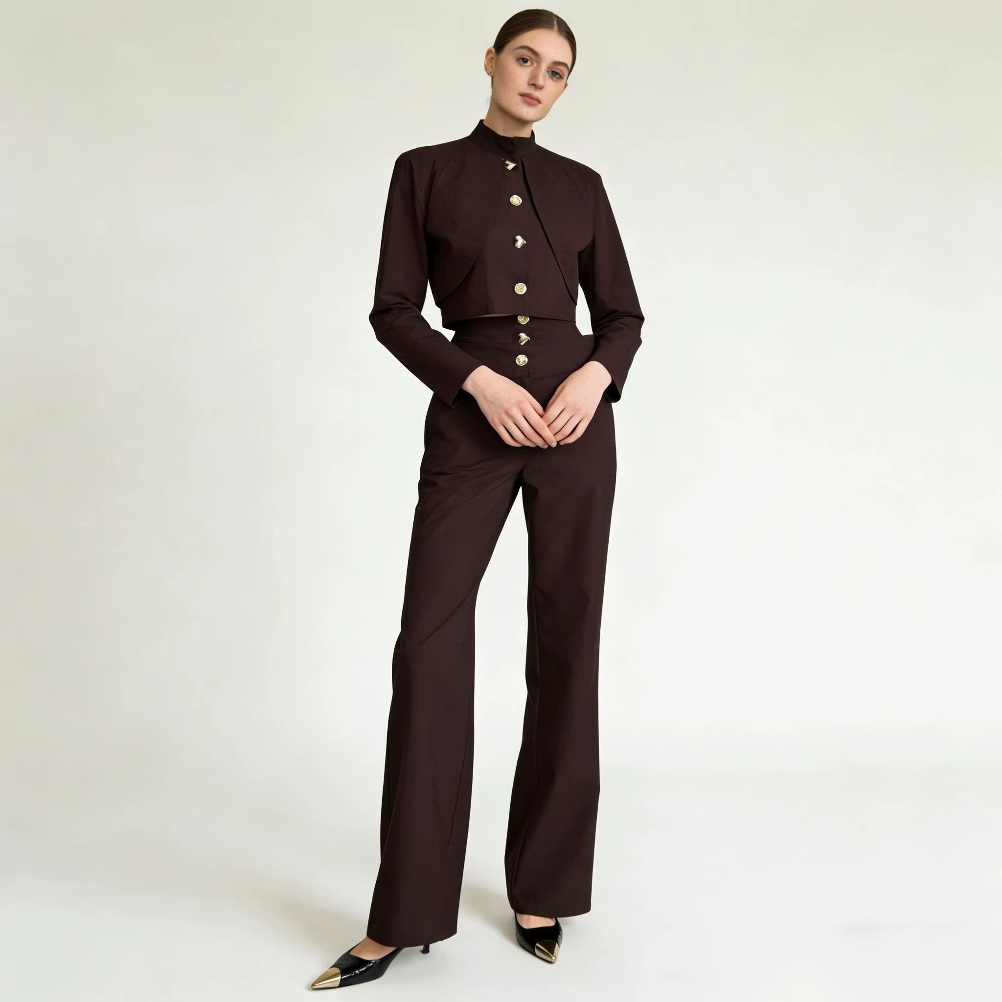 Haut court boutonné à col montant LIMO + pantalon large taille haute, ensemble élégant 2 pièces pour