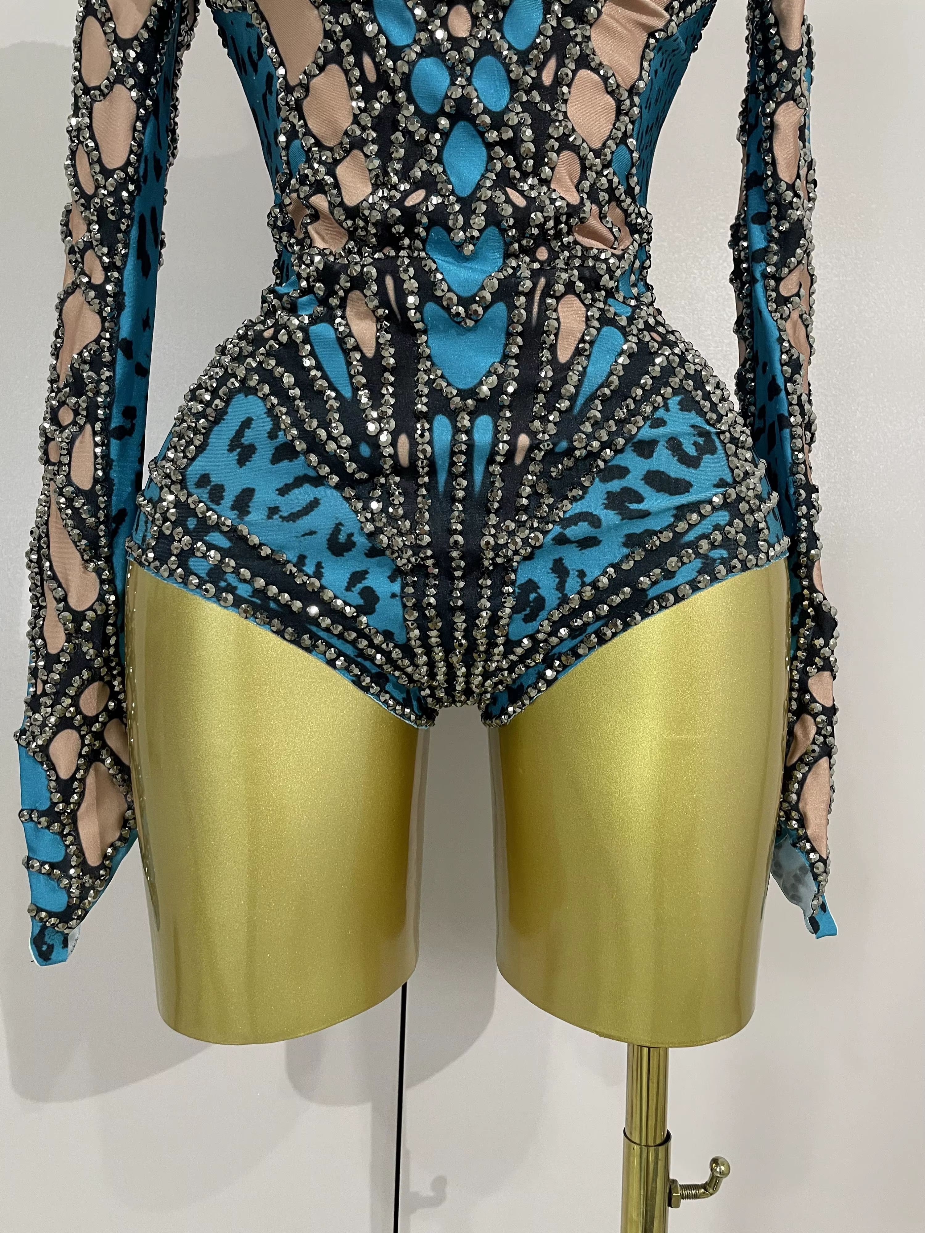 Body extensible à manches longues avec strass scintillants pour femmes, Costume de soirée de luxe po