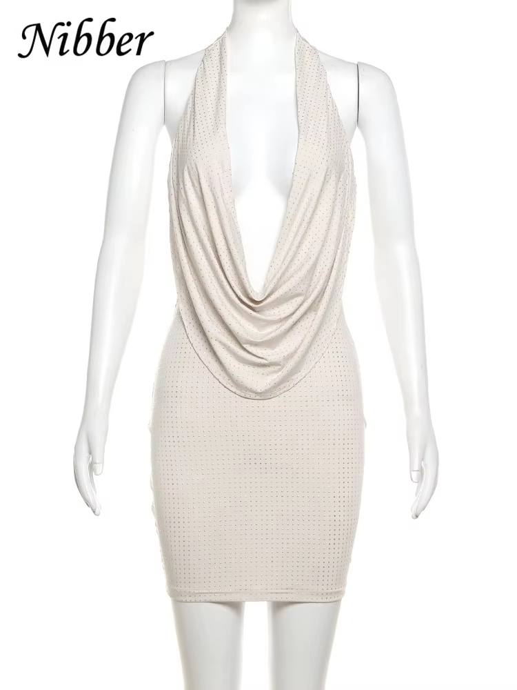 Nibber diamant collé couleur unie Mini robe femmes mode col en v profond robes sans bretelles femme 