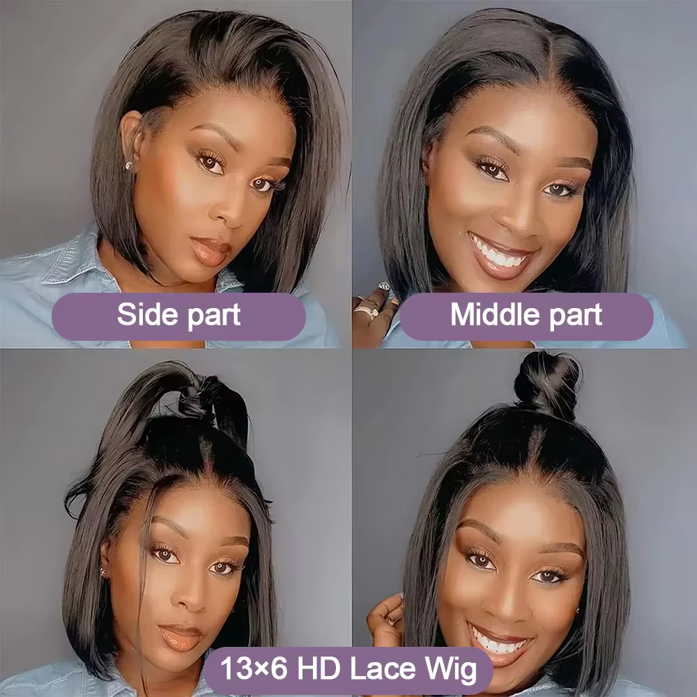 Perruques sans colle de 10 à 16 pouces, cheveux humains lisses, perruques courtes bob en dentelle HD