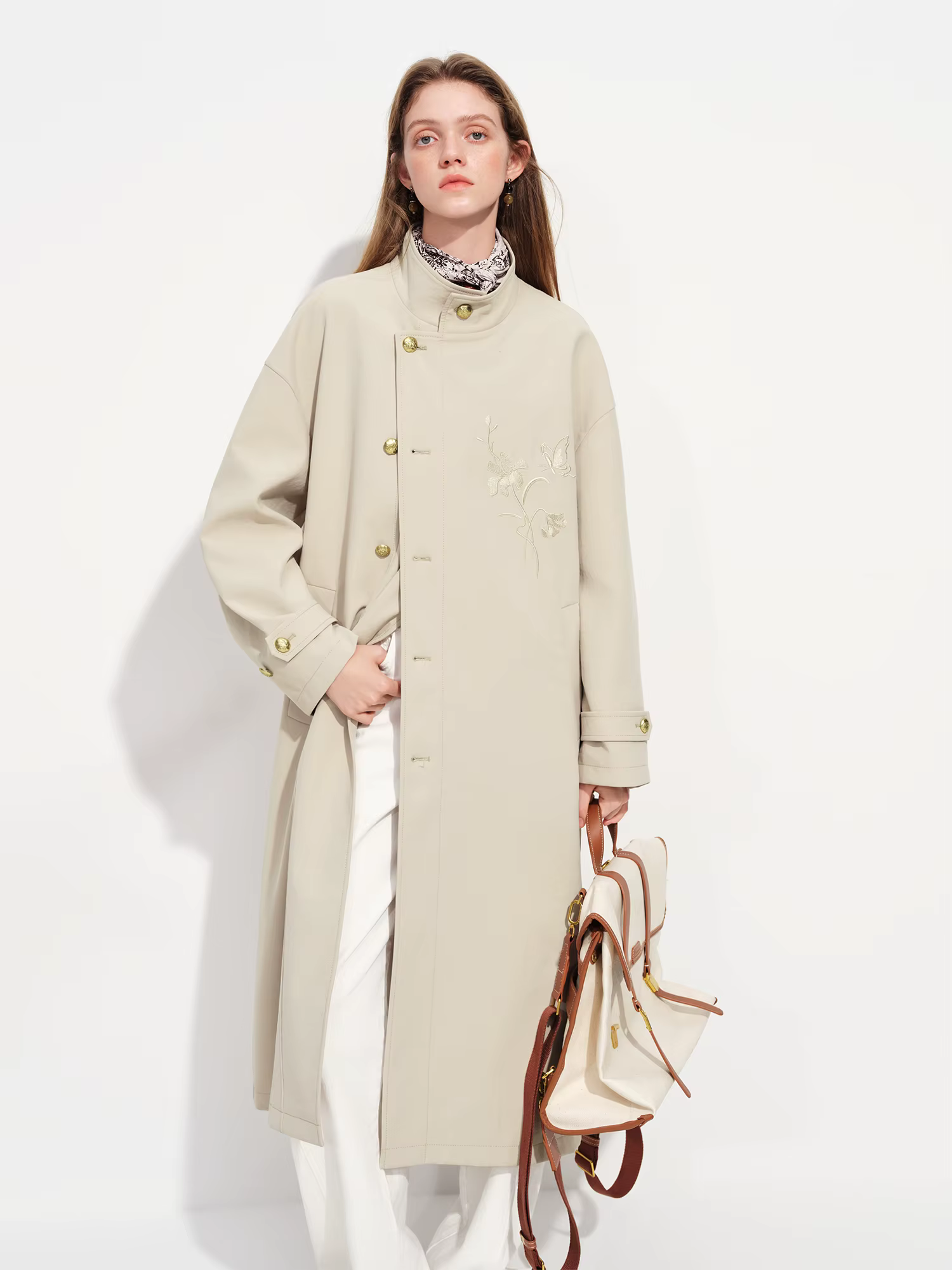 Manteau long kaki FSLE brodé de style chinois à col montant classique pour femme, collection Printem
