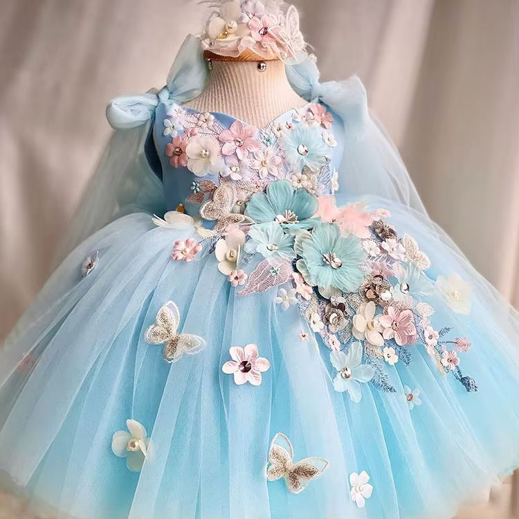 Robe de princesse à fleurs et papillons pour filles, luxueuse et élégante, en maille moelleuse, douc