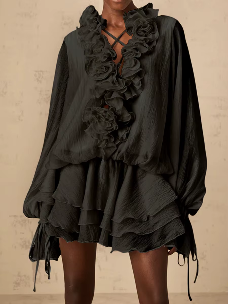 TWOTWINSTYLE – robe ample à fleurs 3D pour femmes, couleur unie, col en V, manches longues, Patchwor