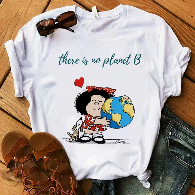 Mafalda-T-Shirt à manches courtes pour femme, streetwear décontracté, col rond, blanc, dessin animé
