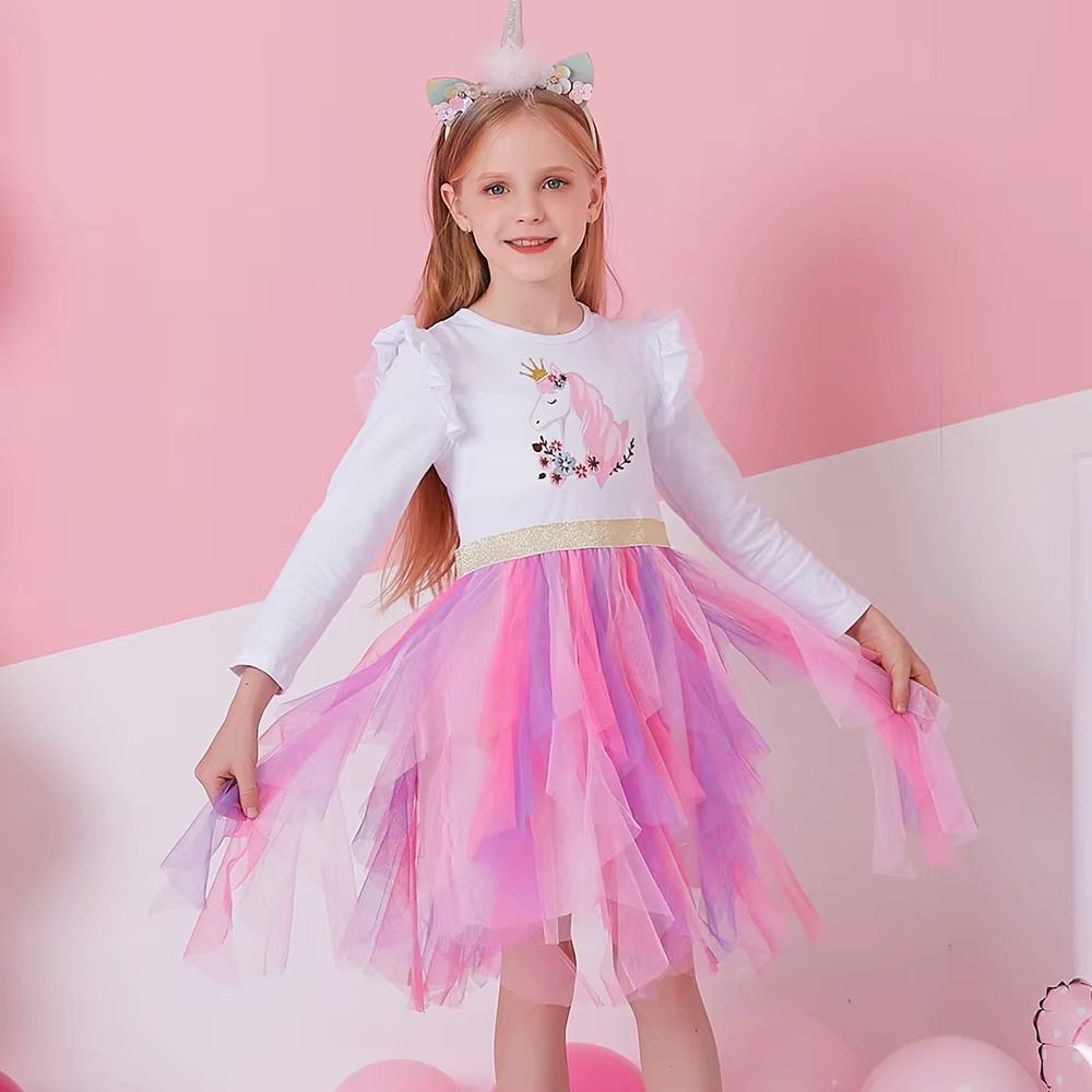 VIKITA enfants à manches longues automne printemps robe filles Licorne fleur imprimé dessin animé ro